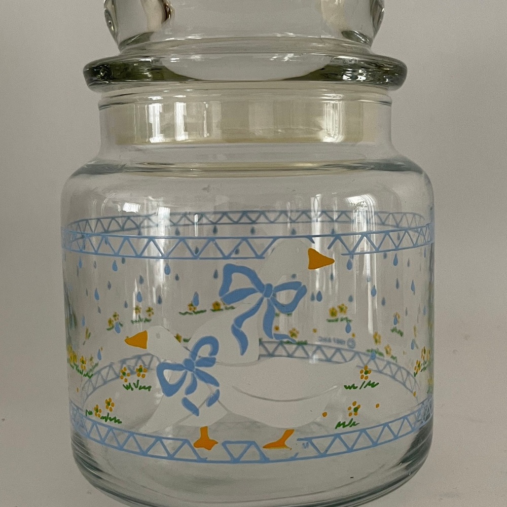 Vintage Clear Glass Canister Geese Blue Ribbon Flowers W/Glass Lid 5.5" - Picture 1 of 9